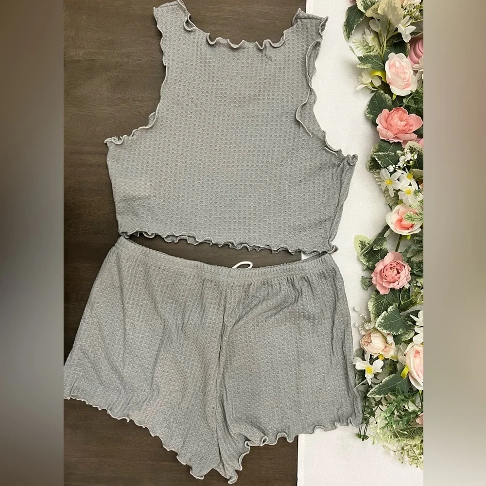 Lettuce Trim Waffle Knit Tank Top and Shorts Pajama Set Sz XL - 12 - Picture 2 of 4